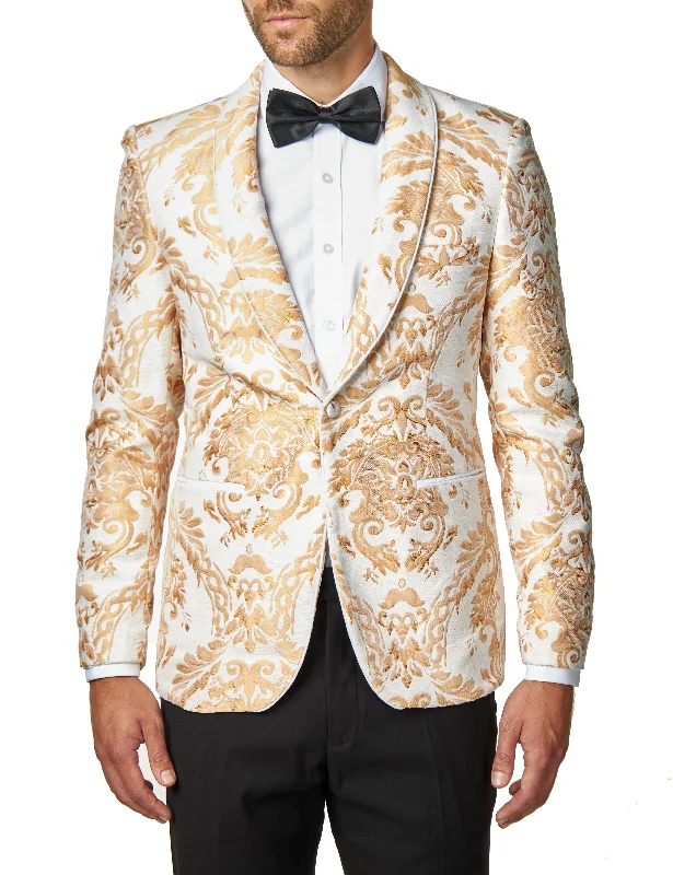 Men's classic wool tuxedo for dinner party -GLEN - Peach Paisley Brocade Print on Ivory Cream Jacquard Jacket