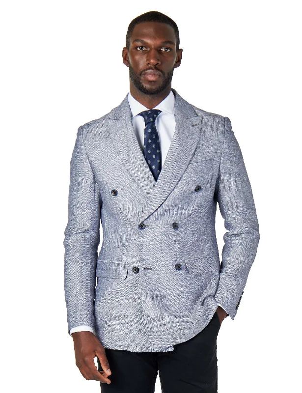 Men's luxury tuxedo for evening event -RAY - TAILORED FIT GREY BLUE HERRINGBONE LINEN DOUBLE BREASTED JACKET