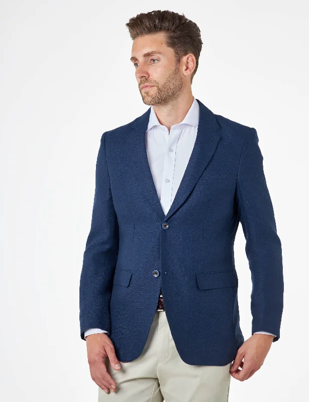 Best tuxedo jacket for men's office event -RAY - Tailored Fit Navy Herringbone Linen Suit Jacket