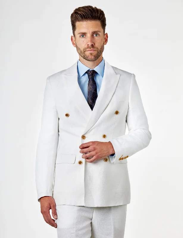 Men's slim fit tuxedo jacket for special events -RAY - Tailored Fit Off White Herringbone Linen Double Breasted Jacket