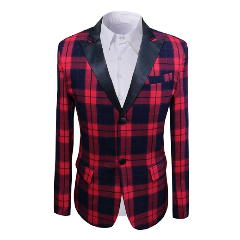 Men's wool tuxedo for formal evening events -Red Plaid Blazer Slim Fit Tuxedo Blazer