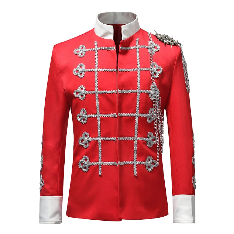 Men's slim fit wool tuxedo jacket for wedding -Red Plum Flower Print Military Uniform Blazer