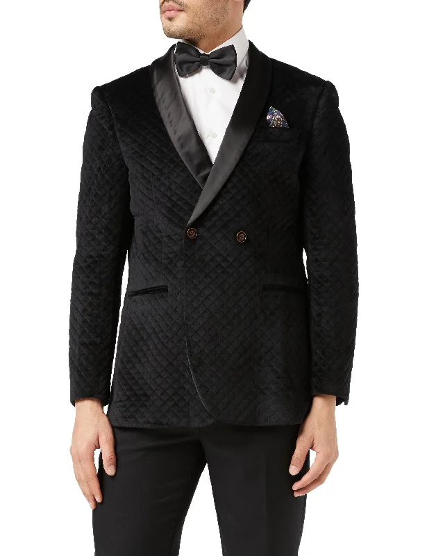 Men's wool tuxedo for formal business event -RHOM - Black Quilted Velvet Double Breasted Tuxedo  Jacket