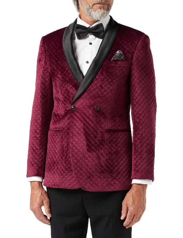 Men's wool tuxedo jacket for black tie event -RHOM -Maroon Quilted Velvet Double Breasted Tuxedo  Jacket