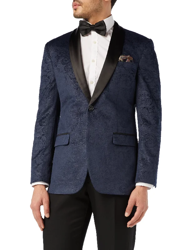 Men's premium navy tuxedo jacket for wedding -RONY - NAVY VELVET PAISLEY BLAZER