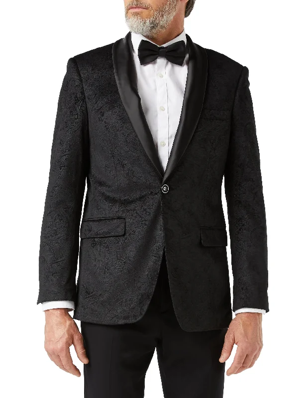 Men's tailored navy tuxedo for office dinner -RONY - Black Velvet Paisley Blazer