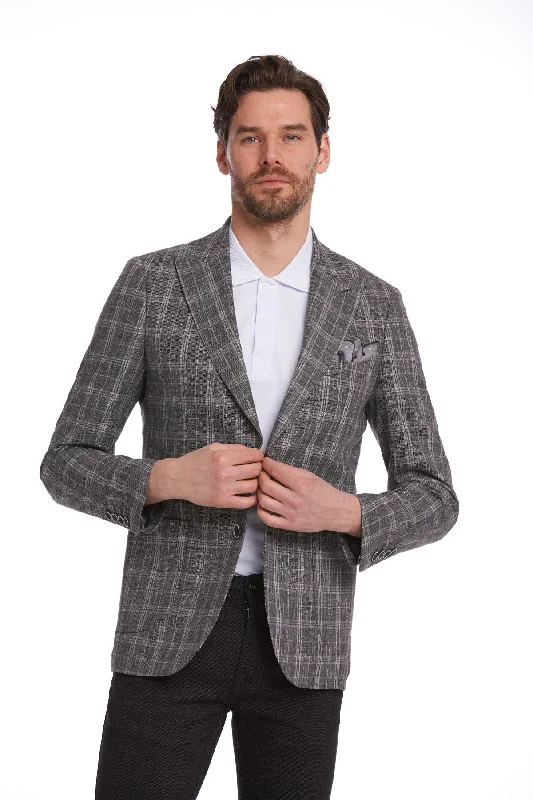 Men's slim fit tuxedo for evening party -Slim Fit Brown Peak Lapel Plaid Linen Classic Blazer