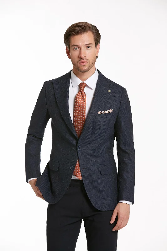 Men's tailored navy tuxedo for office event -Slim Fit Navy Peak Lapel Casual Blazer