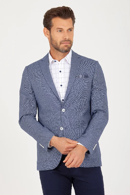 Men's slim fit wool tuxedo jacket with satin lapels -Slim Fit Notch Lapel Blue Casual Blazer