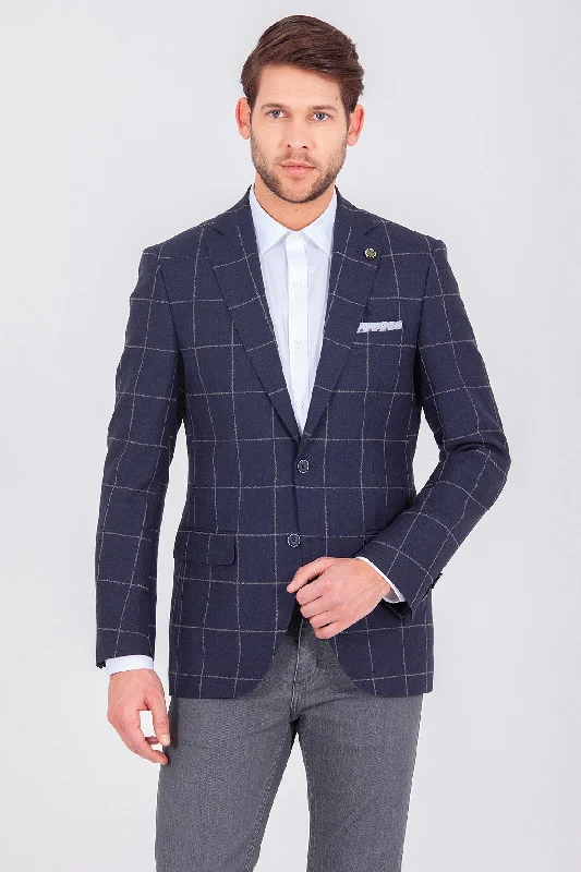 Men's classic wool tuxedo for dinner party -Slim Fit Notch Lapel Checked Wool & Linen Blend Dark Navy Casual Blazer, Dark Navy K.