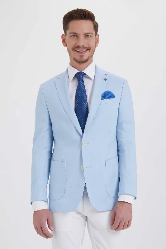 Men's premium designer tuxedo for wedding -Slim Fit Notch Lapel Ice Blue Cotton Blend Classic Blazer