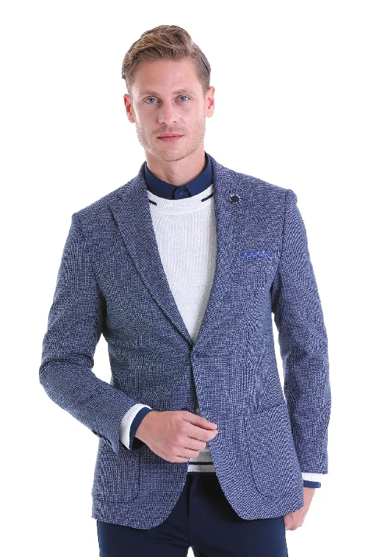 Men's designer tuxedo with satin collar -Slim Fit Notch Lapel Navy Houndstooth Casual Blazer