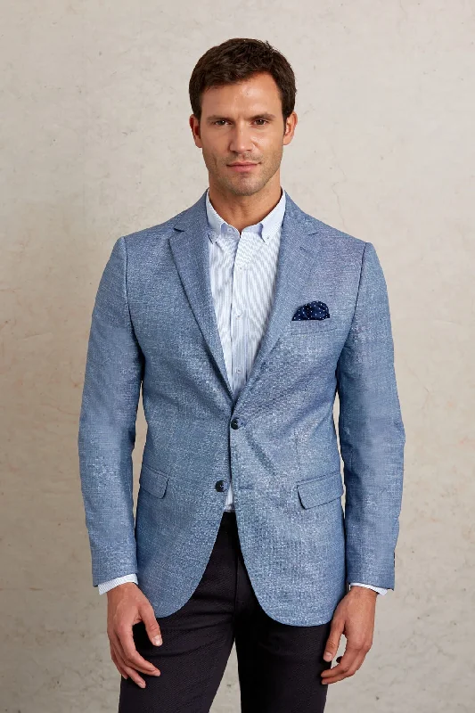 Men's grey tuxedo for corporate events -Slim Fit Notch Lapel Patterned Beige Casual Blazer, Blue D.