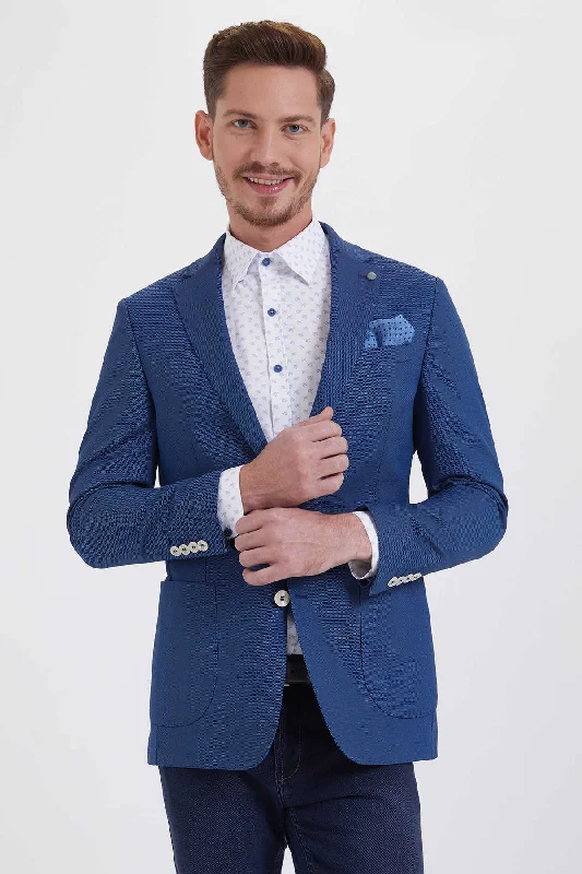 Best tuxedo rental for men's formal dinner -Slim Fit Notch Lapel Patterned Cotton Blend Ice Blue Classic Blazer, Navy D.