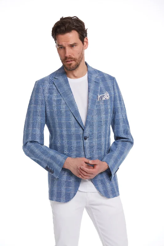 Men's grey tuxedo for formal event -Slim Fit Plaid Wool & Linen Blend Blue Classic Blazer