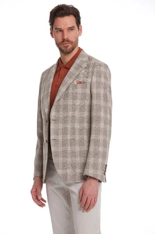 Men's custom tuxedo jacket with satin lapels -Slim Fit Plaid Wool & Linen Blend Light Brown Classic Blazer