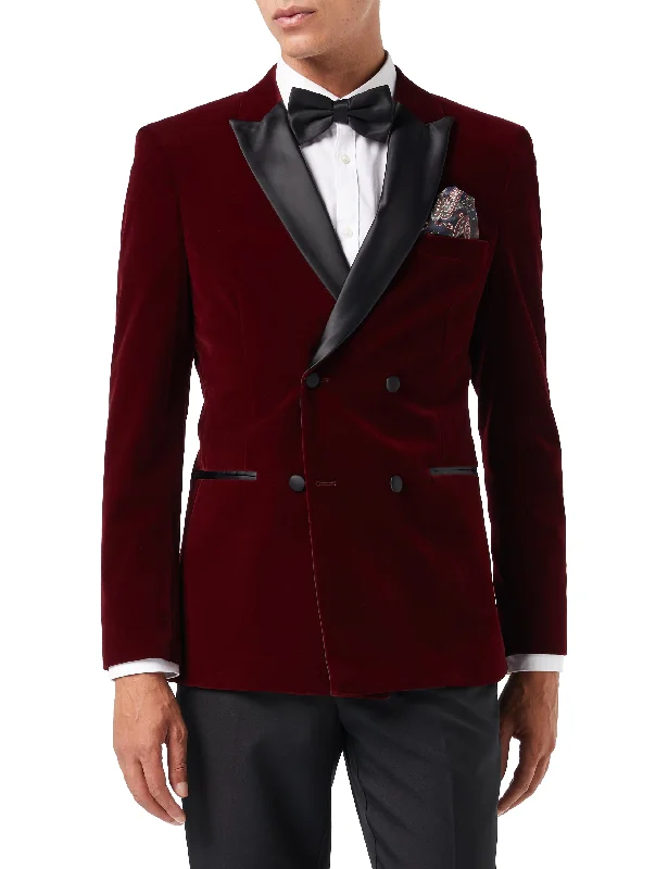 Men's formal tuxedo for corporate gala -SMITH - BURGUNDY TUXEDO DOUBLE BREASTED VELVET BLAZER