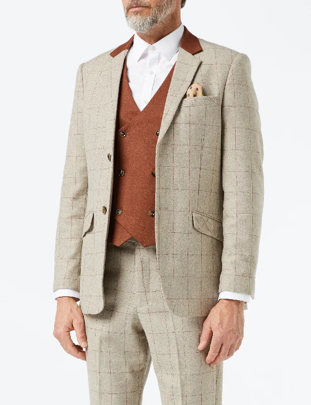 Men's premium black tuxedo for wedding -THEO - TWEED HERRINGBONE RED CHECK ON BEIGE JACKET & WAISTCOAT