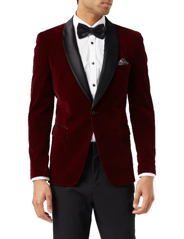 Men's navy wool tuxedo for business meeting -TUXEDO SAM - Burgundy Soft Velvet Jacket