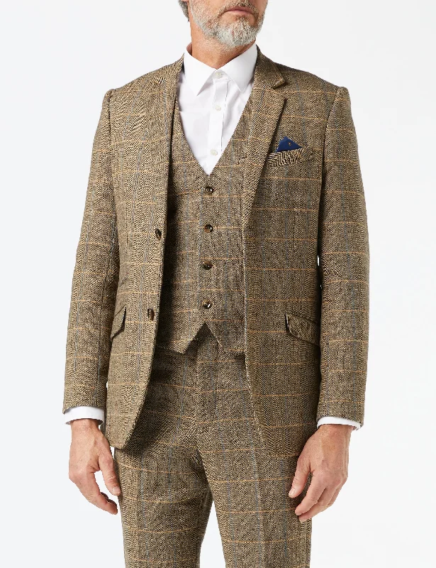 Men's charcoal grey tuxedo for wedding -TWEED CHECK HERRINGBONE TAN JACKET