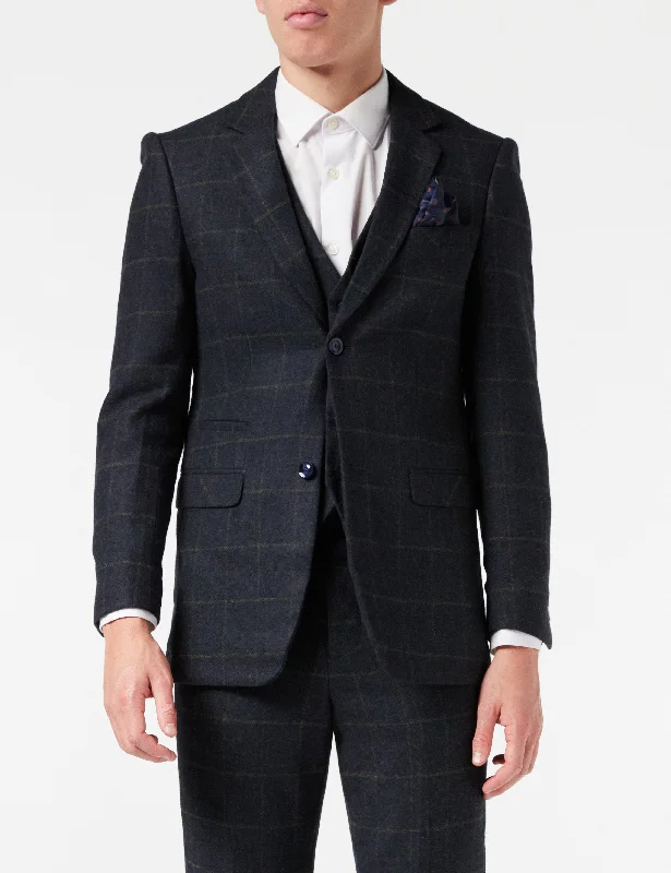 Men's formal navy tuxedo for dinner party -TWEED NAVY CHECK JACKET & WAISTCOAT