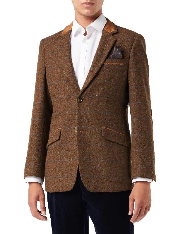 Men's business tuxedo for evening gala -VITORI - BROWN TWEED CHECK JACKET