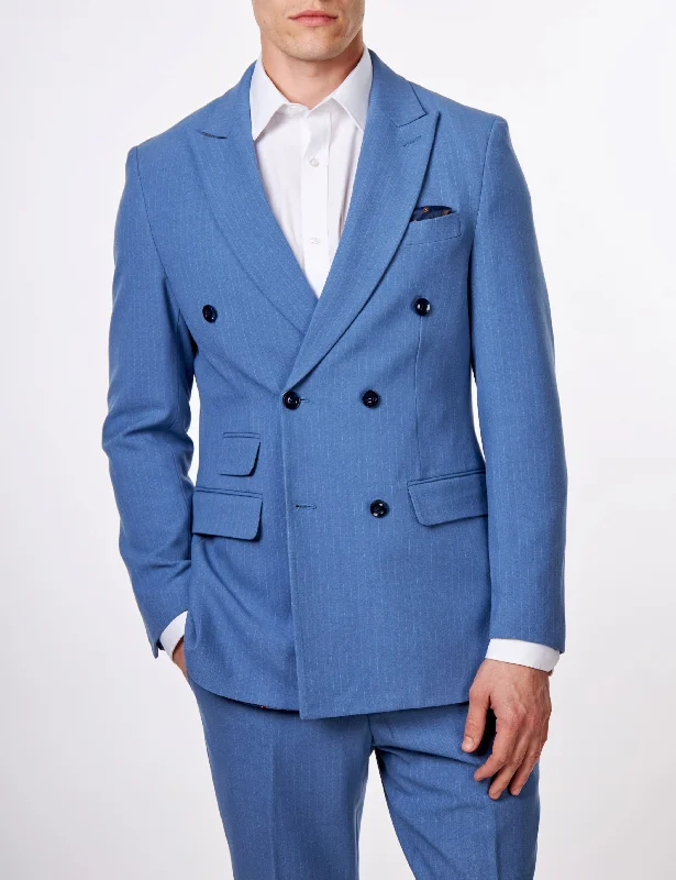 Men's premium wedding tuxedo for groom -WILLIAM – BLUE DOUBLE BREASTED PINSTRIPE  JACKET