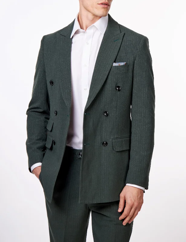 Men's designer tuxedo for wedding guests -WILLIAM – GREEN DOUBLE BREASTED PINSTRIPE  JACKET