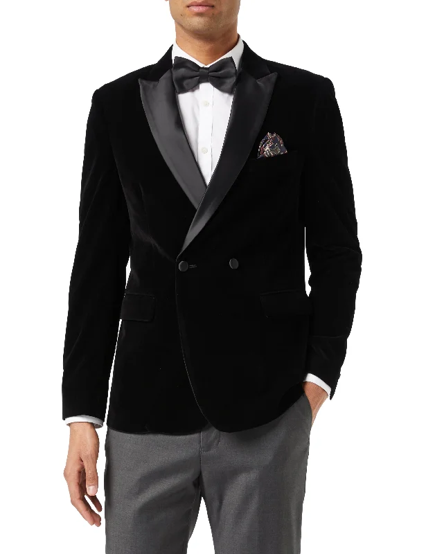 Men's modern checkered tuxedo for business -WILLS - Black Soft Velvet Dinner Jacket