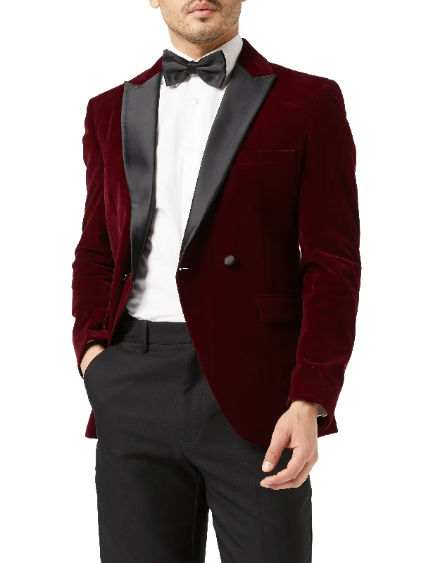 Men's navy tuxedo jacket for business dinner -WILLS - Burgundy Soft Velvet Dinner Jacket