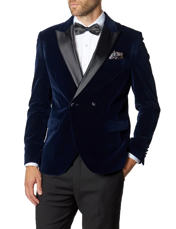 Men's designer tuxedo jacket with satin finish -WILLS - NAVY VELVET DINNER JACKET