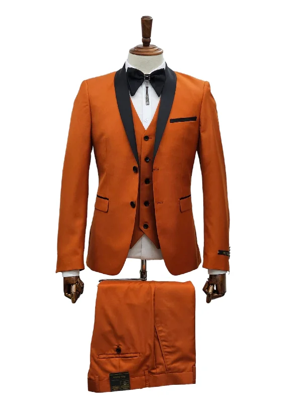 Best tuxedo for wedding party men -2 Button Rust Slim Fit Suit with Black Shawl Lapel FF2SSX+V-1230