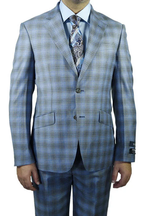 Best tuxedo for wedding party men -Berragamo Blue Grey Plaid Slim Fit Suit