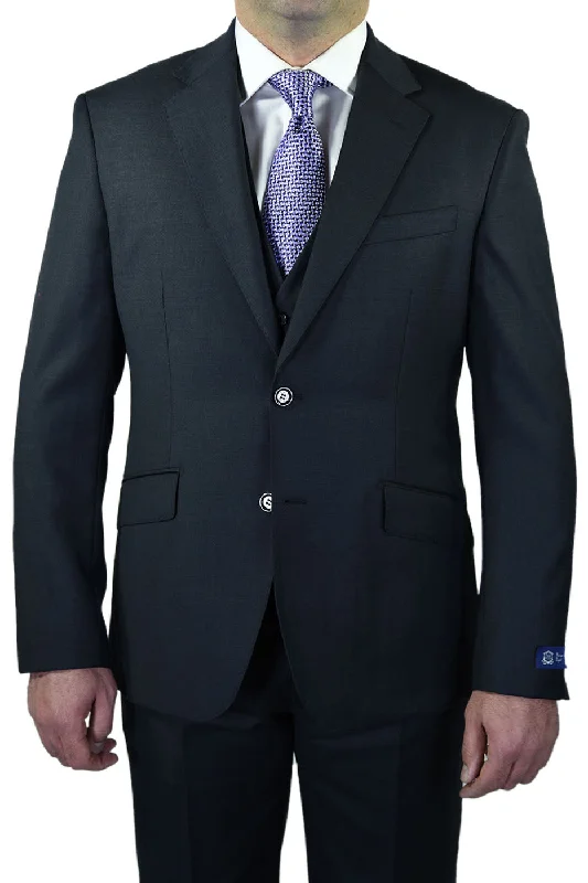 Men's designer tuxedo for wedding guests -Berragamo "Elegant" Solid Charcoal 3-Piece Slim Fit Suit