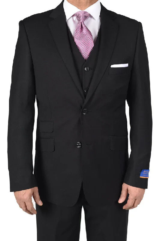 Men's modern wool tuxedo with satin collar -Berragamo "Lazio" Solid Black 2-Button Notch Slim Fit Suit