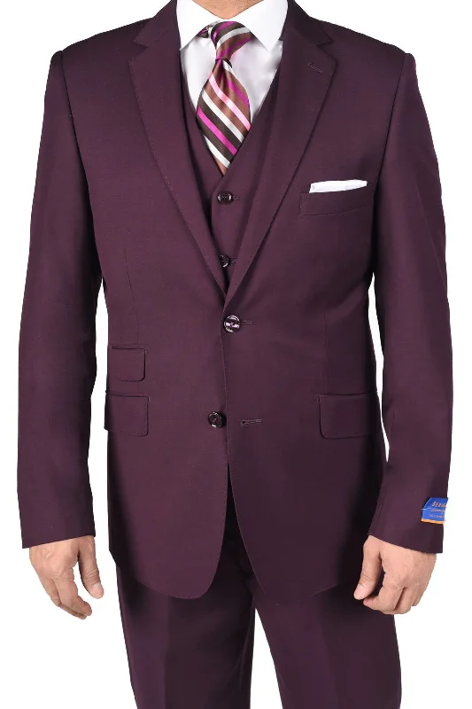 Men's slim fit dinner tuxedo for events -Berragamo "Lazio" Solid Burgundy 2-Button Notch Slim Fit Suit