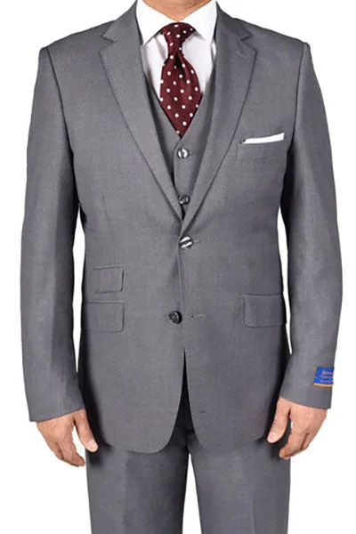 Men's business tuxedo with satin finish -Berragamo "Lazio" Solid Medium Grey 2-Button Notch Slim Fit Suit