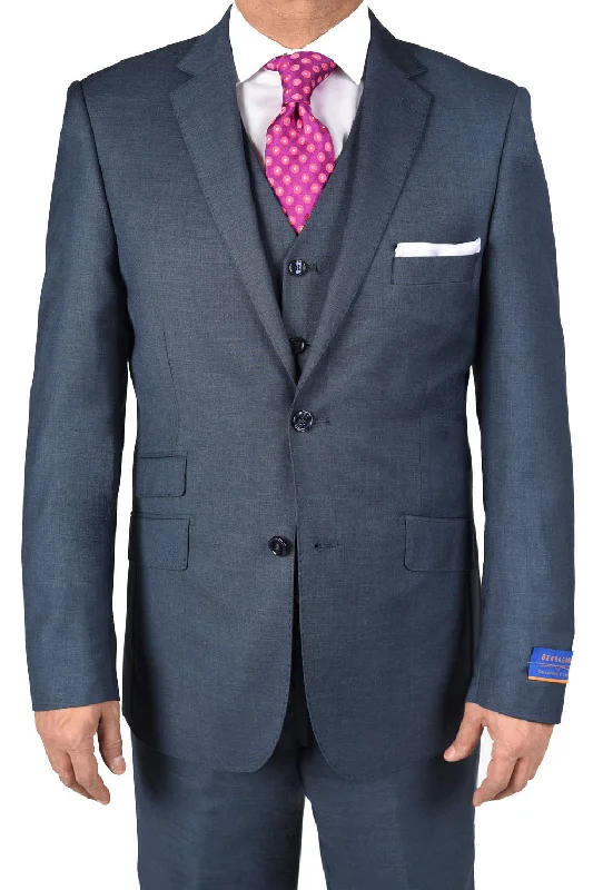 Men's navy tuxedo with satin collar -Berragamo "Lazio" New Blue 2-Button Notch Slim Fit Sharkskin Suit