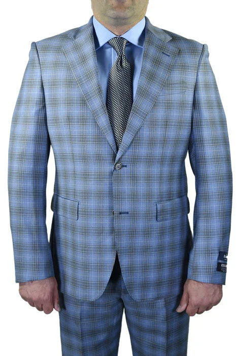 Men's modern grey tuxedo with bowtie -Berragamo Light Blue Plaid Slim Fit Suit