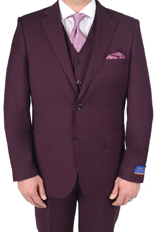 Men's slim fit tuxedo rental for wedding -Berragamo "Napoli" Solid Burgundy 2-Button Notch Suit