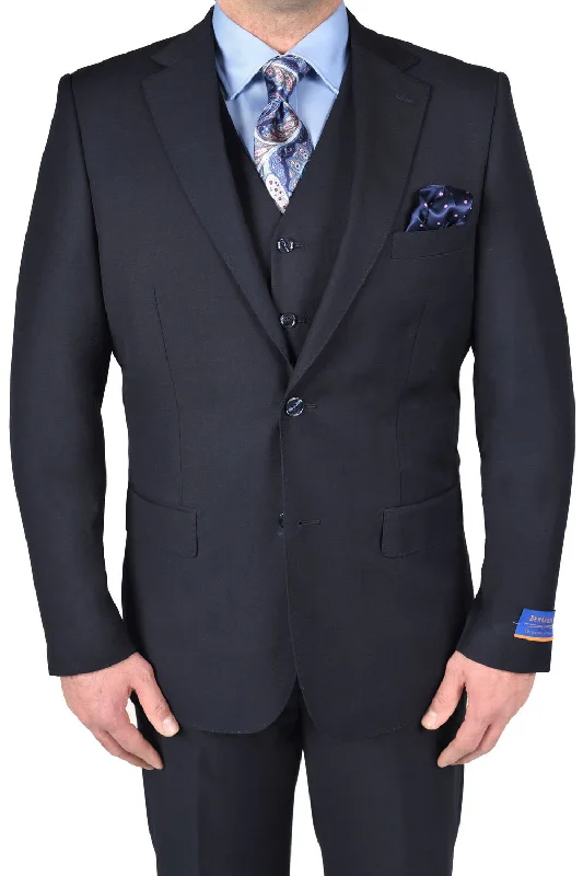 Men's tailored navy tuxedo with satin lapel -Berragamo "Napoli" Solid Navy 2-Button Notch Suit