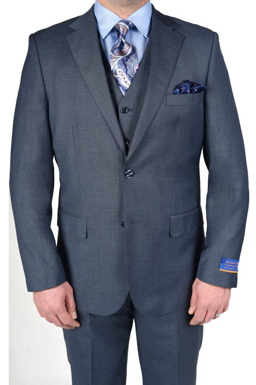 Men's designer formal tuxedo for weddings -Berragamo "Napoli" New Blue 2-Button Notch Sharkskin Suit