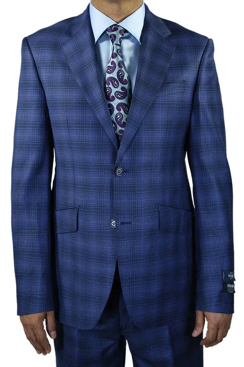 Men's premium slim fit business tuxedo -Berragamo New Blue Plaid Slim Fit Suit