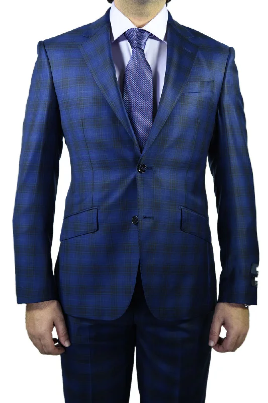 Men's wool tuxedo for office dinner -Berragamo Royal Blue Plaid Slim Fit Suit