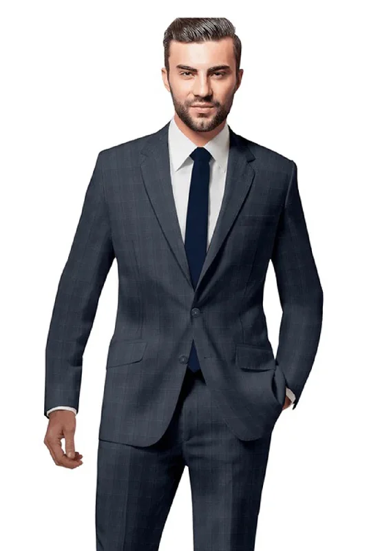 Men's elegant grey tuxedo with satin lapels -Stylish Blue Windowpane Suit