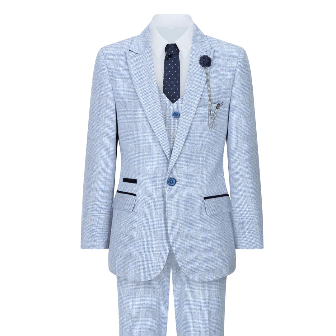 Men's slim fit tuxedo jacket for special occasions -Caridi - Boys 3 Piece Check Suit Tweed Light Blue Wedding Peaky Classic