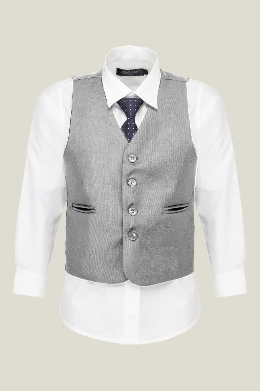 Men's modern tuxedo rental for wedding -Boys Bone Grey 4-Piece Waistcoat Set