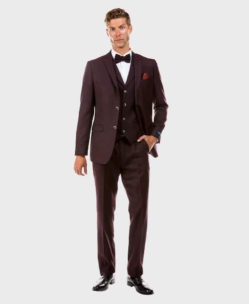 Men's designer tuxedo jacket with satin finish -Burgundy Tweed 3 Piece Suit