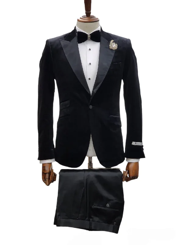 Best men's tuxedo for corporate gatherings -Giovanni Testi 1 Button Slim Fit Stretch Velvet Tuxedo GTX1P-1925 BLACK