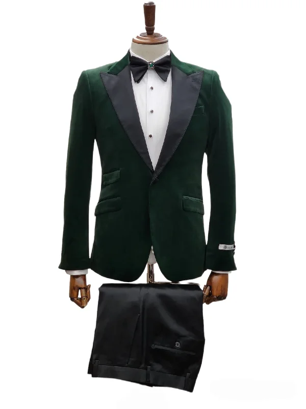 Men's luxury grey tuxedo with bowtie -Giovanni Testi 1 Button Slim Fit Stretch Velvet Tuxedo GTX1P-1925 GREEN